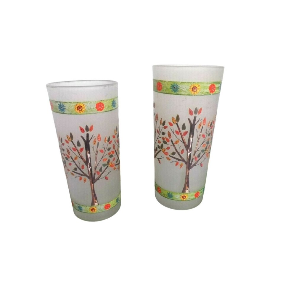 2 votive Candle Holder frosted glass, fall deciduous tree, Lori Siebert design